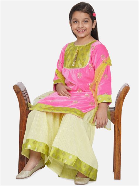 Girls Velvet Kurta in Pink with Yellow sharara – Little Bansi