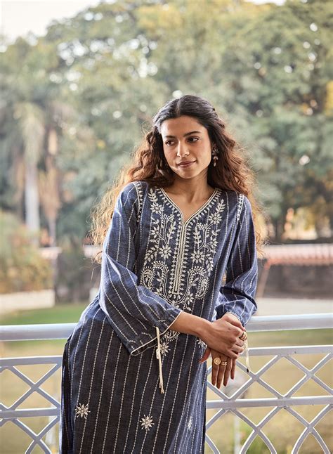 Shaina Blue Chambray Embroidered Chambray Kurta for Women – Lakshita