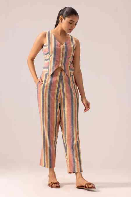 Buy Label Shreya Sharma Multi Color Striped Vest And Pant Set Online ...