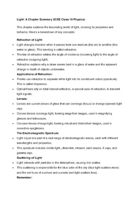 Light - This is a concise study note designed for ICSE Class 10 ...