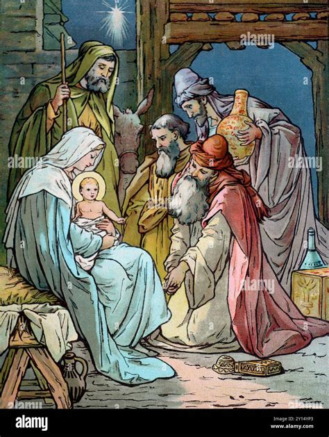 The baby Jesus with Joseph, Mary and the three wise men. Nativity with ...