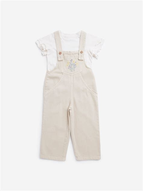 Buy HOP Kids Beige Floral Embroidered Cotton Dungaree with T-Shirt Set ...