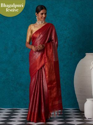 Buy Likha Red Linen Woven Bhagalpuri Festive Zari Saree & Unstitched ...