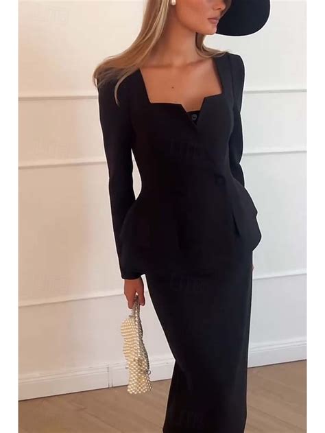 Women's 2 Pieces Tuxedo Dress Sets Sheath Formal Stretch Crepe Elegant ...