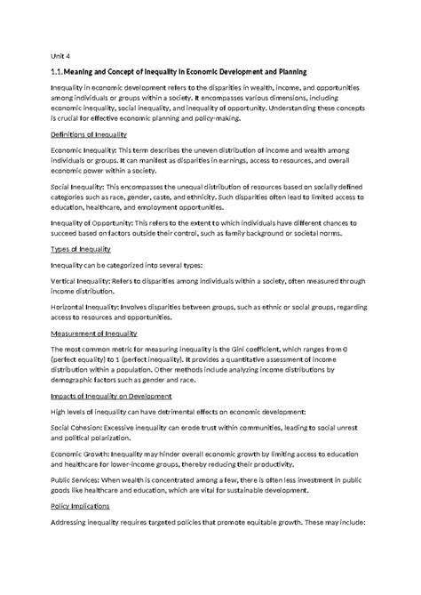 Unit 4- inequality - Unit 4 1.1 and Concept of Inequality in Economic ...