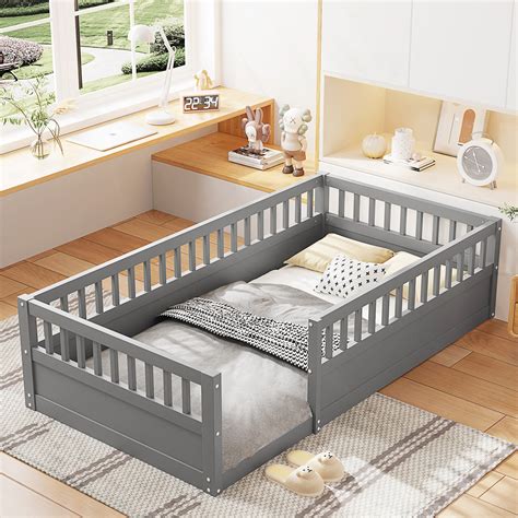 Harriet Bee Full Floor Bed Frame With Fence, Wood Kids Floor Beds Frame ...