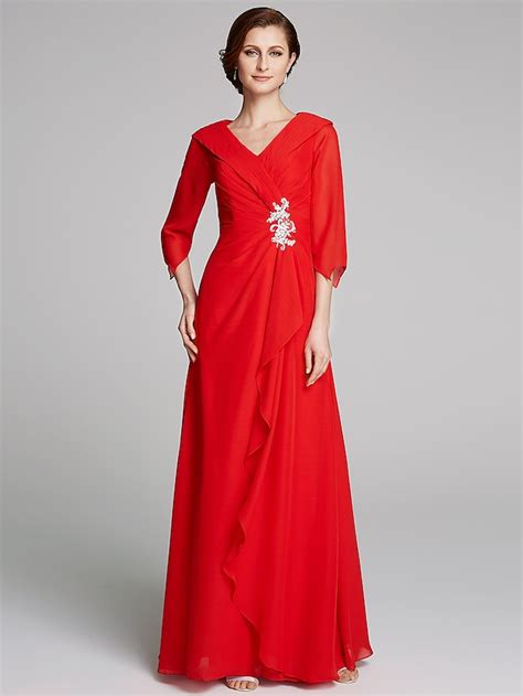A-Line Mother of the Bride Dress Elegant V Neck Floor Length Chiffon ...