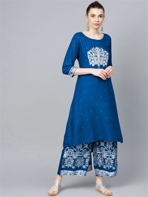 Rich Blue Rayon Zari Embroidered A-Line Kurta Set With Printed Palazzo