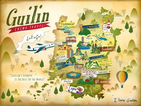 Premium Vector | China Guilin travel map with famous attractions and specialties