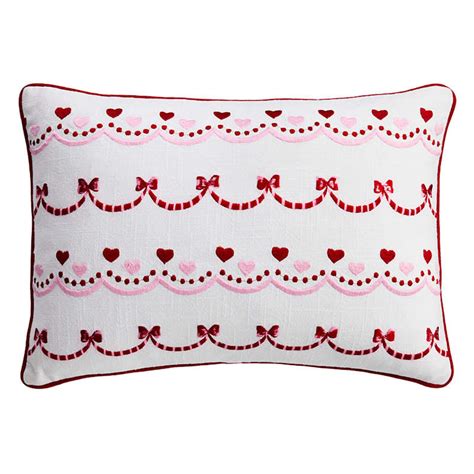 Valentine's Hearts & Bows Embroidered Cotton Throw Pillow, 14x20