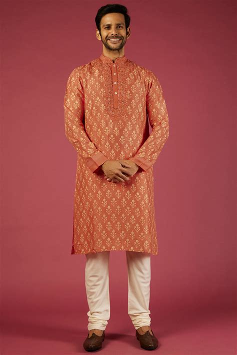 Orange Tussar Floral Block Printed Kurta Set – krishnamehtas