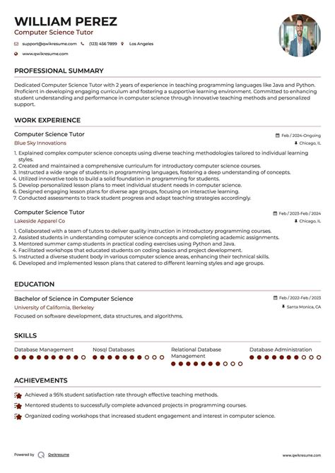Image result for Computer Science Tutor CV