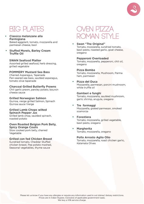 Menu at SWAN, New Delhi