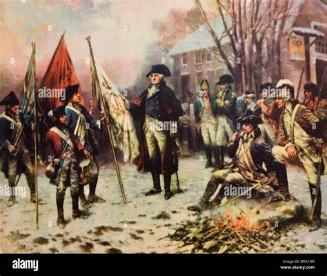 1700s 1770s PAINTING OF GEORGE WASHINGTON WINTER AT VALLEY FORGE WITH SOLDIERS AROUND HIM ... - painting of washington at valley forge