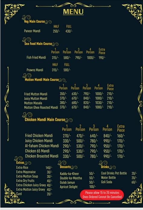 Menu at The Chicha's Arabian Mandi, Secunderabad