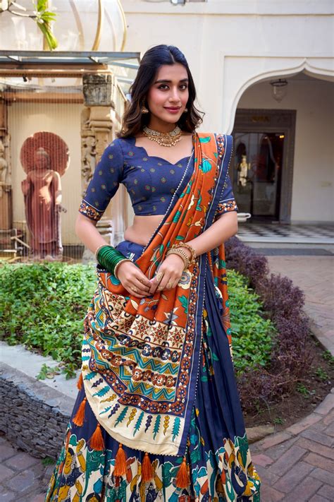 Elegant Kalamkari Tussar Silk Lehenga Set in Navy Blue & Rust Orange ...