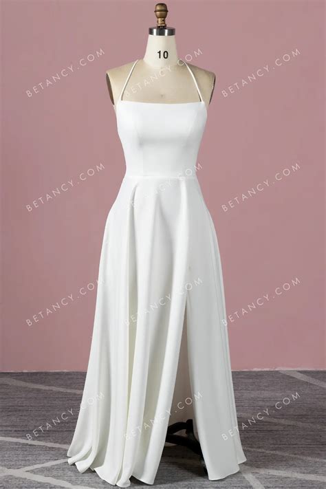 Spaghetti Strap Simple Satin Slit A-line Bridal Dress - BETANCY