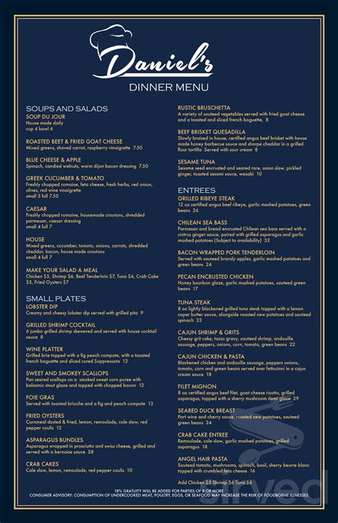 Daniel's menu in Wilson, North Carolina, USA