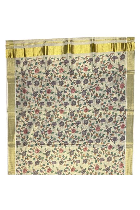 Kerala Tissue Kasavu Check Saree with Violet Floral Kalamkari Design ...