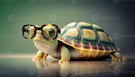 Cute little green turtle with glasses in front of studio background ...
