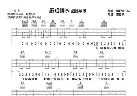 纸短情长吉他谱 烟把乐队 C调简单版弹唱谱-吉他谱中国