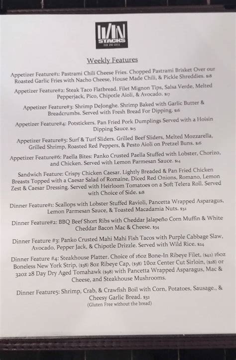 Menu at Stacks Bar and Grill, Valparaiso