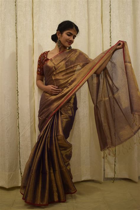 Rukmini : Gold-Lavender Mul-Zari Tissue Saree – Ādhyavi