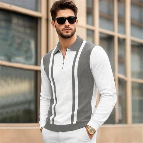 Color Blaocked Quarter Zip Polo Neck Vertical Striped Full Sleeve T-sh ...