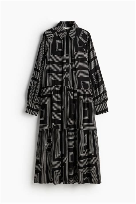 Midi shirt dress - Long sleeve - Midi - Black/Patterned - Ladies | H&M IN