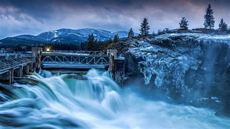 Download wallpaper winter, trees, mountains, nature, river, dam ...