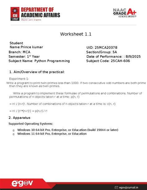 MCA 1st Year Python Programming Worksheet 1.1: Twin Primes ...