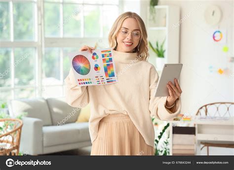 Female Interior Designer Tablet Computer Color Palettes Office — Stock Photo © serezniy #676643244