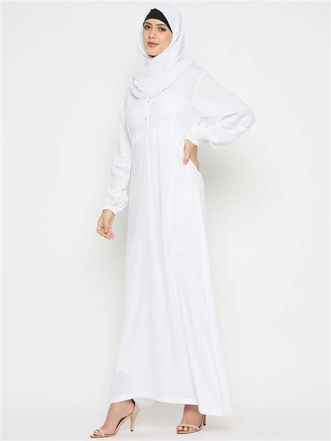 White Rayon V-Neck Solid Abaya with Black Hijab – Nabia