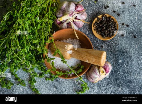 Cooking concept with traditional georgian herbs ombalo and kondari ...