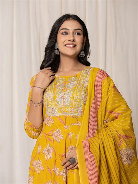 Mustard Cotton Dori Embroidery Anarkali Kurta Dupatta Set – Yufta Store