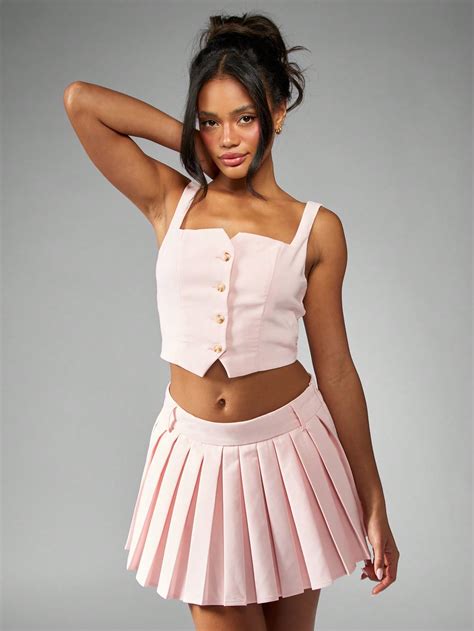 Retro Preppy Two Piece Pleated Tennis Skirt Set With Button Front ...