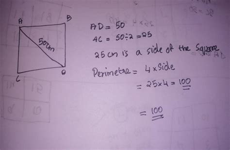 The length of the diagonal of a square is 50 cm, find the perimeter of ...