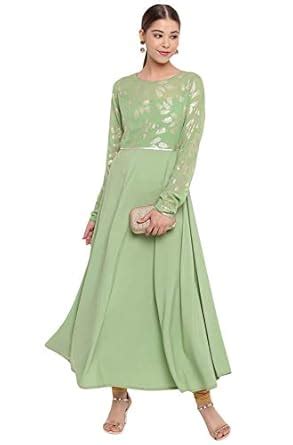 Janasya Women's Light Green Crepe Botanical Print Gown Kurta (JNE3463 ...