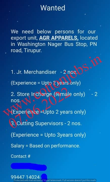 TUESDAY(07.06.2022) ONWARDS INTERVIEW GARMENTS ,SPINNING MILL AND ...