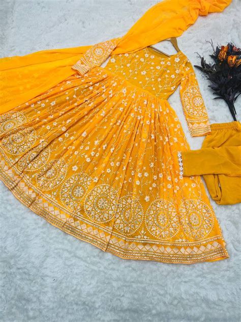 Designer Mustard Color Thread Work Gown