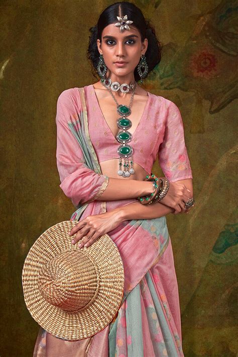 Nectarous Pink and Grey Cotton Silk Saree With Devastating Blouse Piec ...
