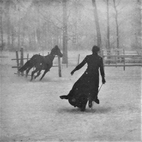 Snowy Scene Horse and Woman Running Snow Snowfall Woods Forest Moon ...