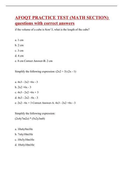 AFOQT PRACTICE TEST (MATH SECTION) questions with correct answers ...
