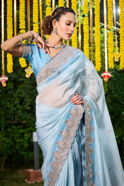 Mesmeric blue silk saree with delicate gota patti and mirror work along ...