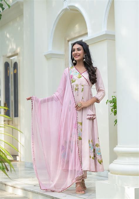 Crepe Pink Hand Painted Satin Anarkali Suit Set – Hatheli