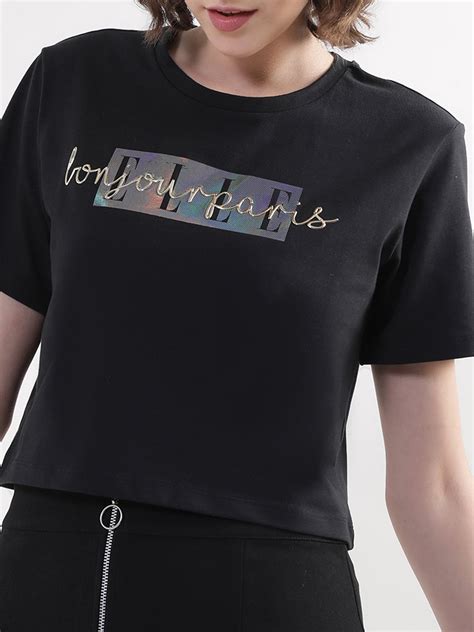 Shop Elle Women Black Solid Round Neck TShirt Online – Iconic India