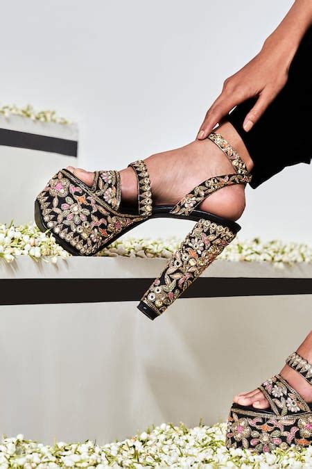 Buy Black Embroidered Floral Platform Heels by SKO Online at Aza Fashions.