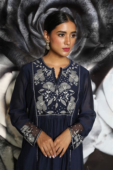 Navy Blue Applique Frock Style Kurta Set – Label Niti Bothra