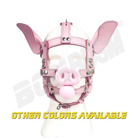Leather Pig Mask Removable Hog Snout Nose and Ball Gag Head Harness ...