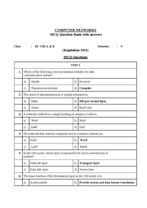 CSE A B V Sem COMPUTER NETWORKS MCQ Question Bank Answers - Studocu